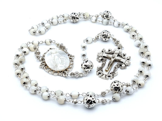 Our Lady of Grace unique rosary beads with mother of pearl and silver beads, silver filigree crucifix and mother of pearl centre medal.