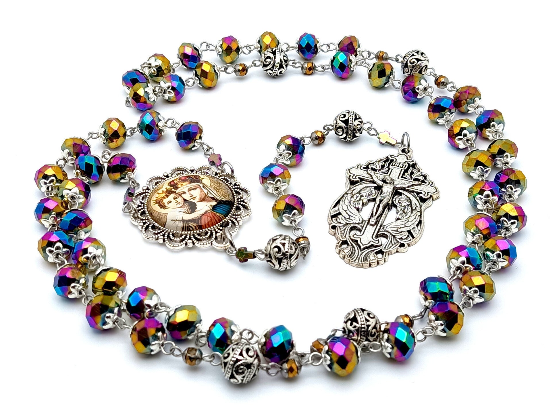 Our Lady Helper of Christians unique rosary beads with multi coloured faceted glass and silver beads, silver Holy Angels crucifix and picture centre medal.