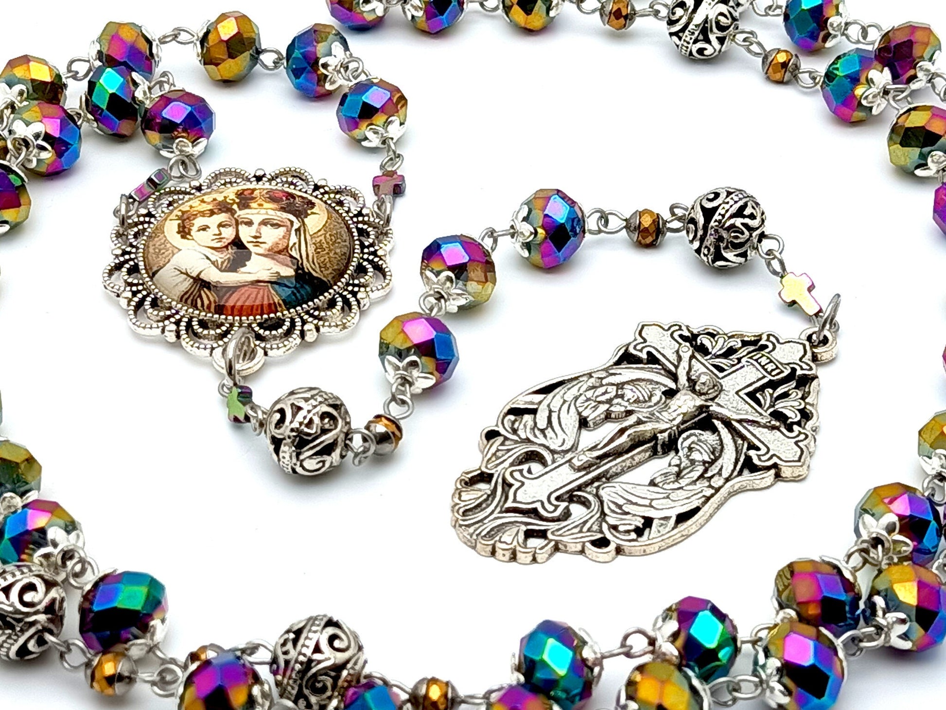 Our Lady Helper of Christians unique rosary beads with multi coloured faceted glass and silver beads, silver Holy Angels crucifix and picture centre medal.