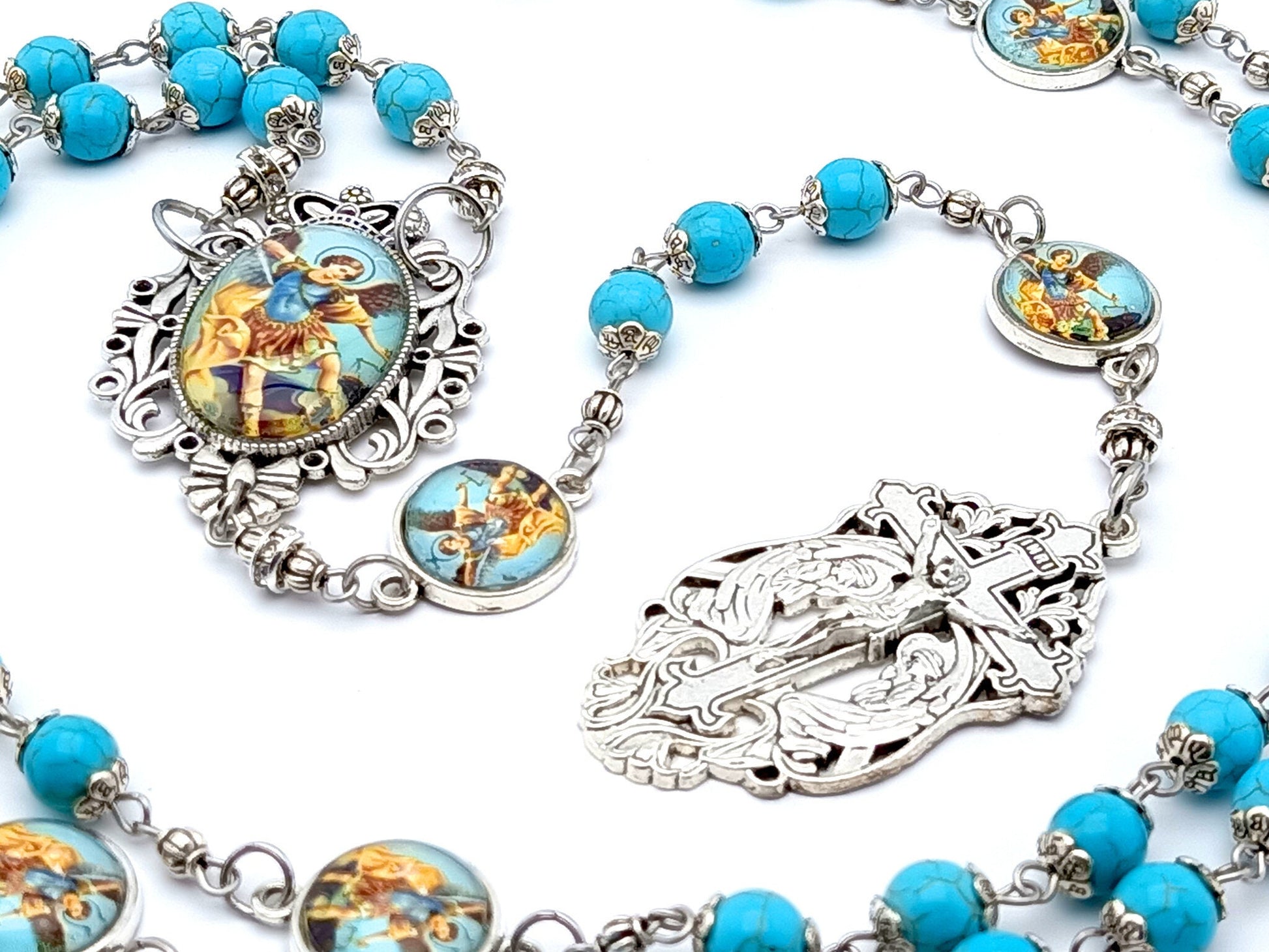 Saint Michael unique rosary beads with turquoise gemstone and stainless steel picture beads, silver Holy Angels crucifix and picture centre medal.