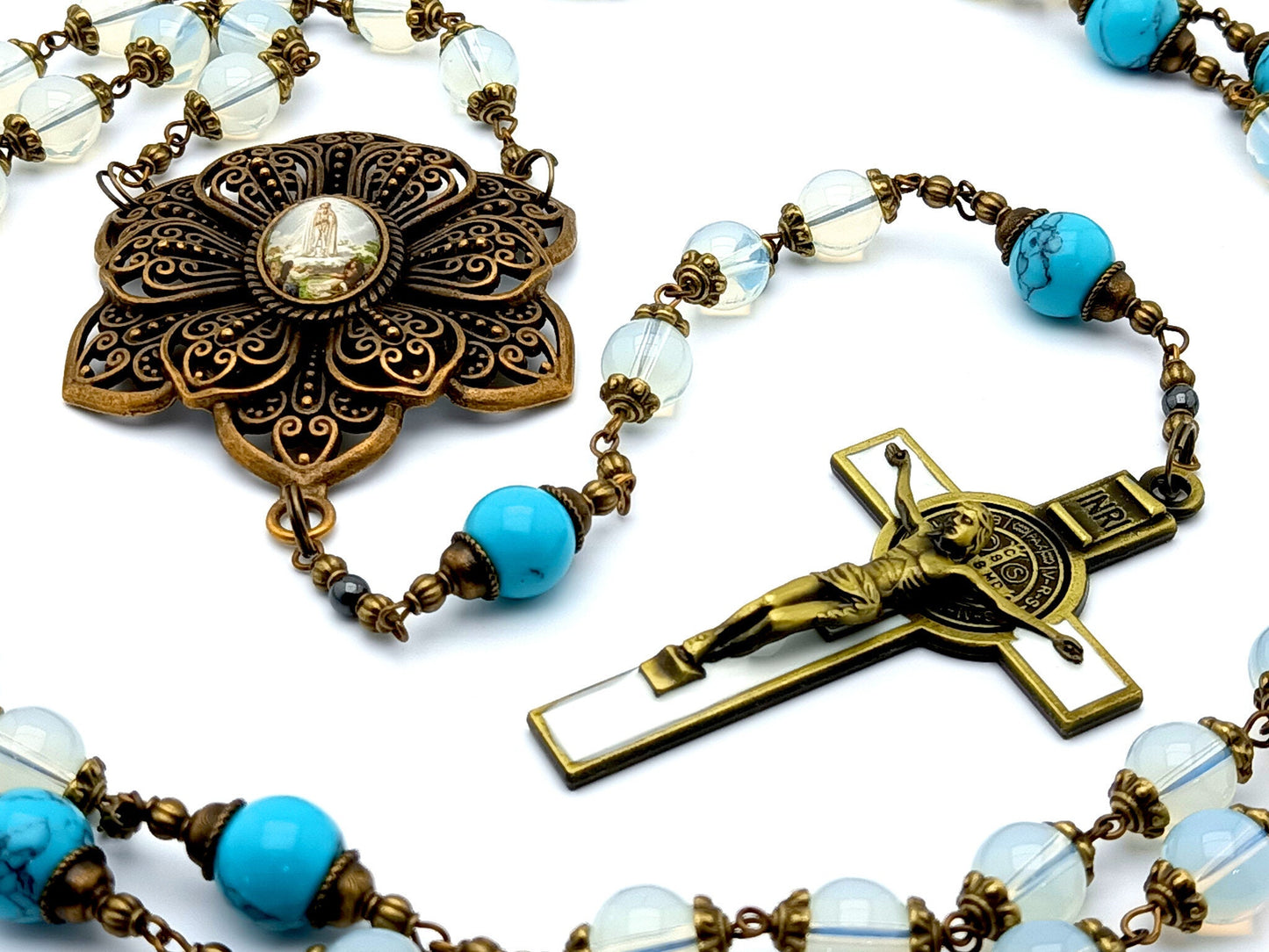 Our Lady of Fatima unique rosary beads with opal and turquoise beads, bronze and white enamel crucifix and large bronze picture centre medal.