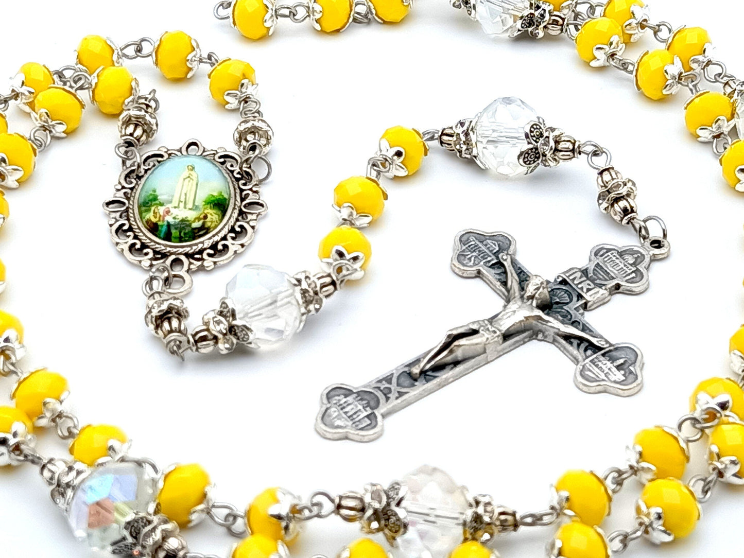 Our Lady of Fatima unique rosary beads with yellow faceted and clear glass beads, silver crucifix and picture centre medal.