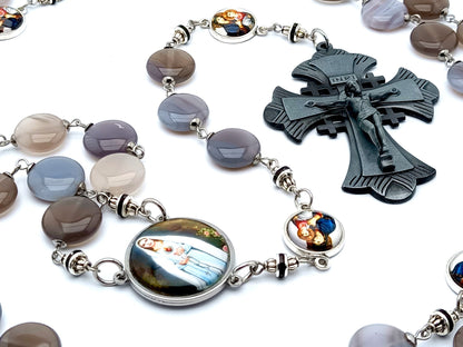 Immaculate Heart of Mary unique rosary beads with gemstone style pebble and stainless steel picture beads, large pewter crucifix and stainless steel picture centre medal.