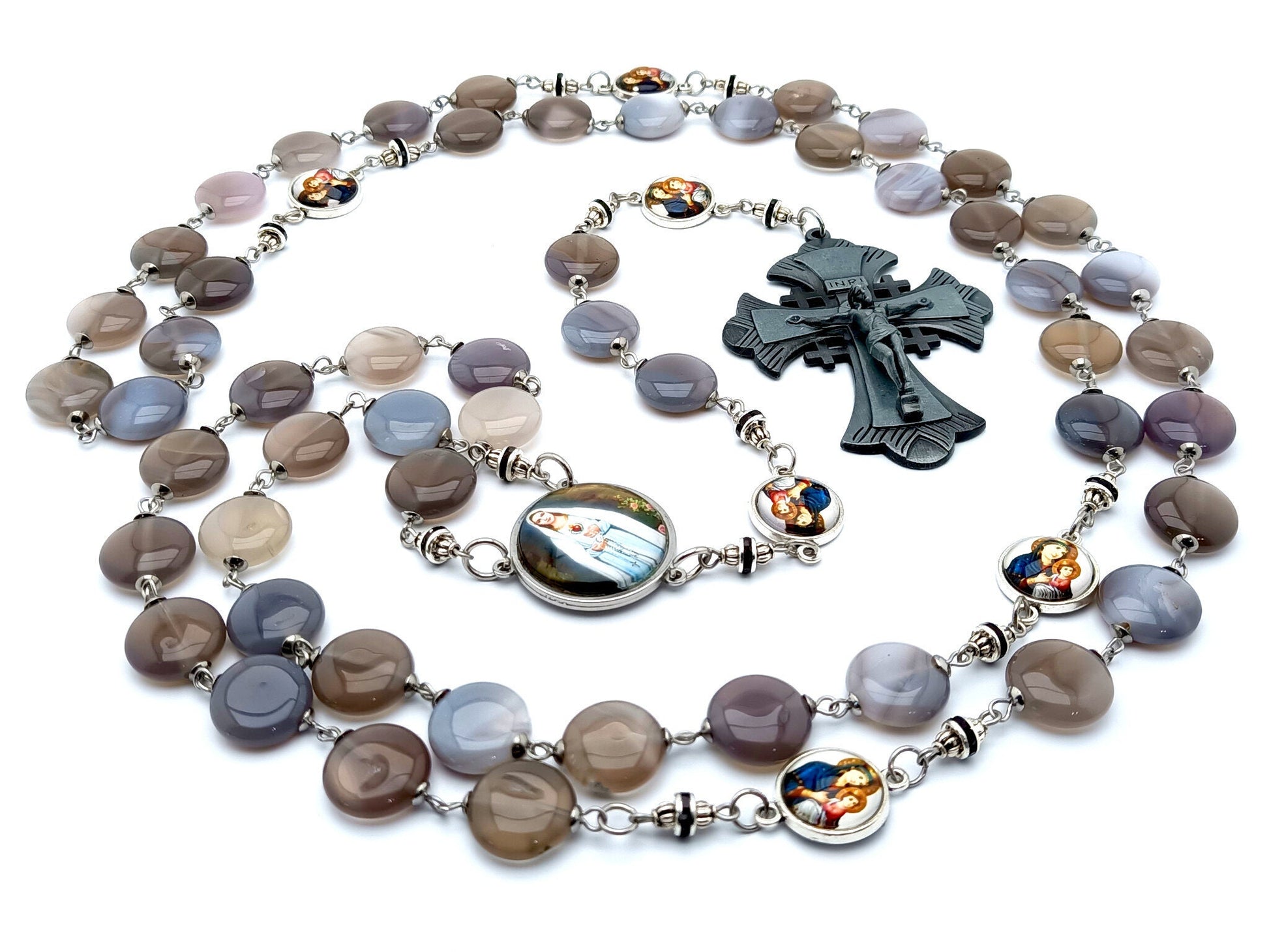 Immaculate Heart of Mary unique rosary beads with gemstone style pebble and stainless steel picture beads, large pewter crucifix and stainless steel picture centre medal.