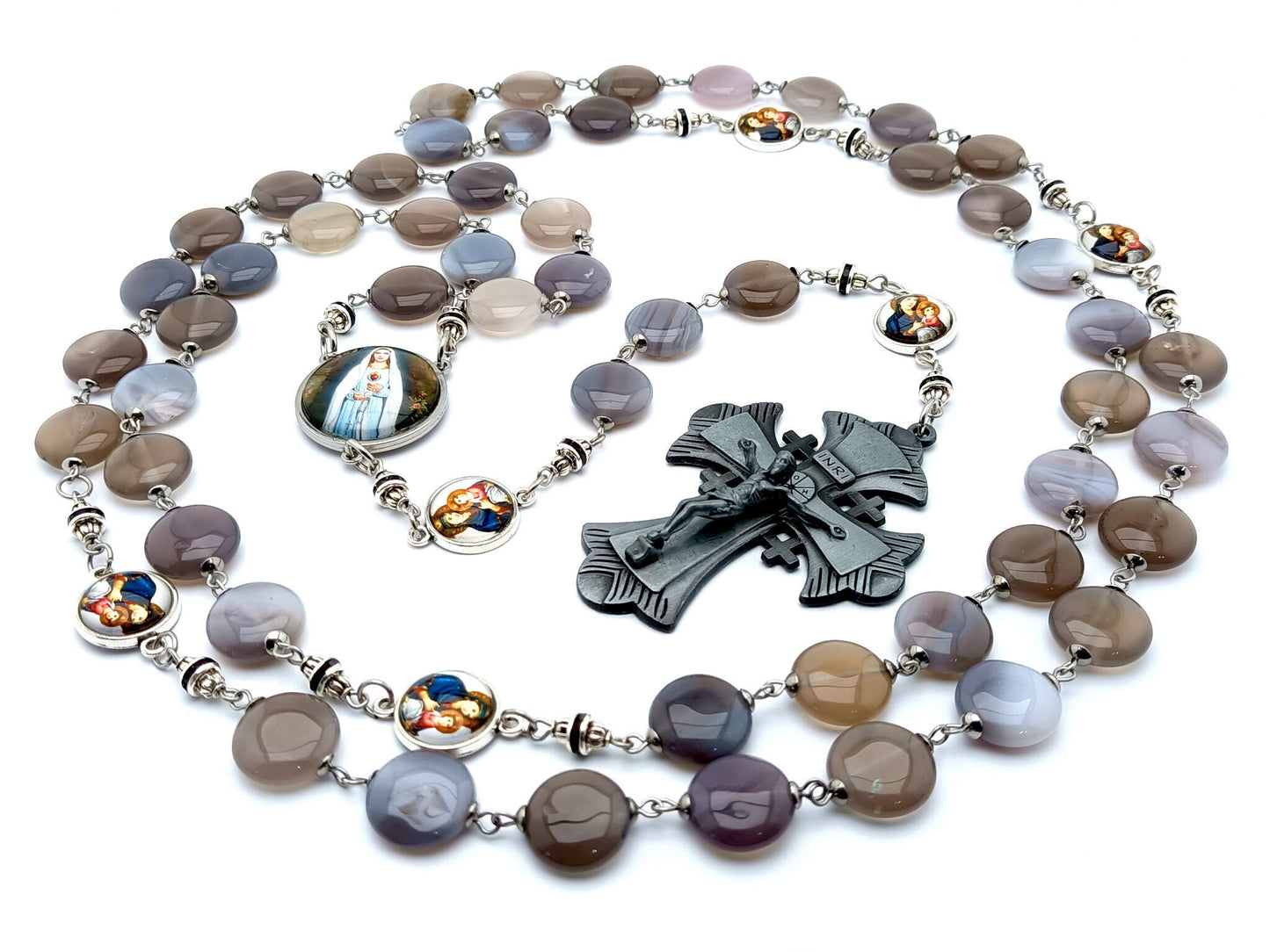 Immaculate Heart of Mary unique rosary beads with gemstone style pebble and stainless steel picture beads, large pewter crucifix and stainless steel picture centre medal.