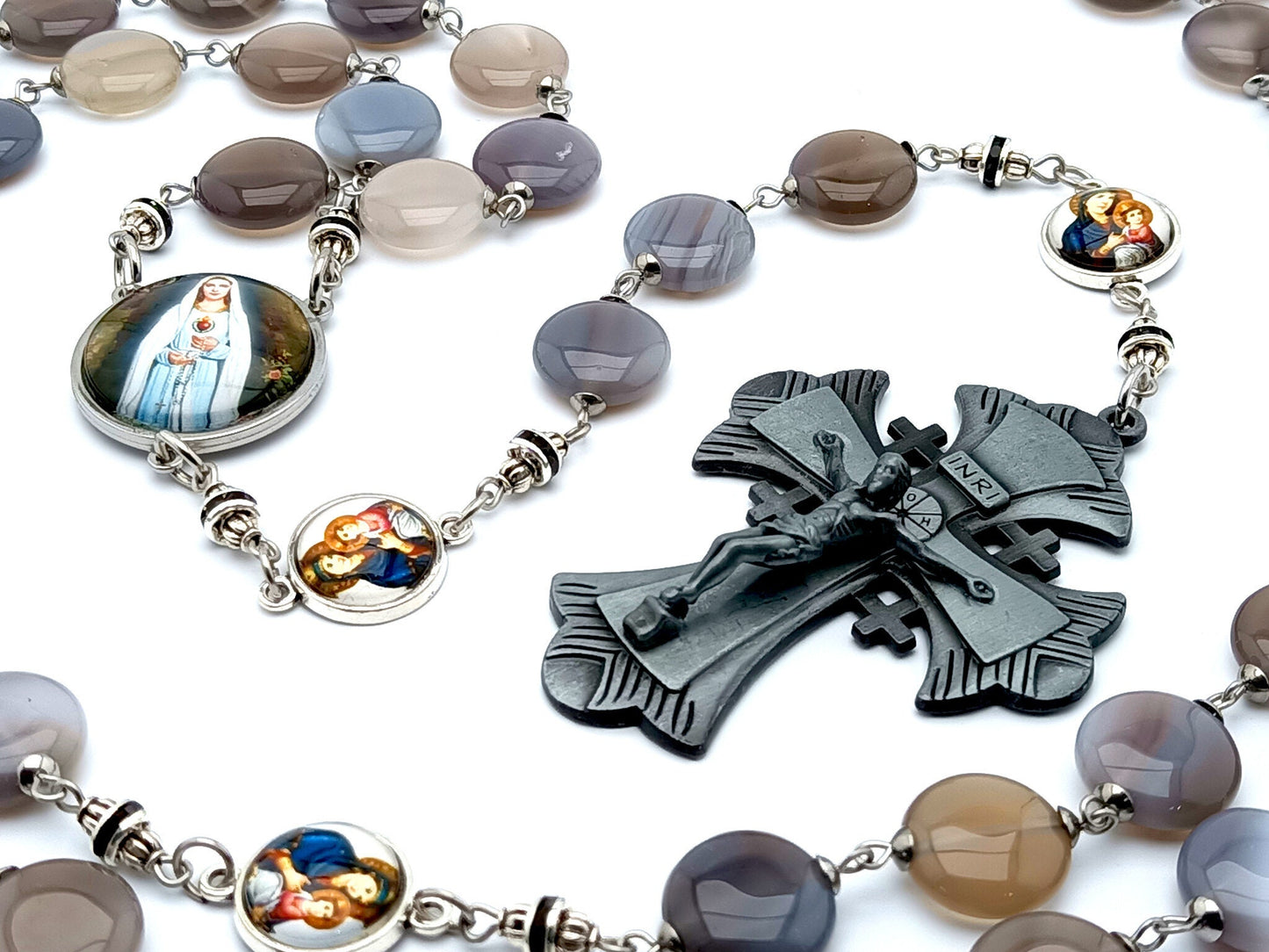 Immaculate Heart of Mary unique rosary beads with gemstone style pebble and stainless steel picture beads, large pewter crucifix and stainless steel picture centre medal.