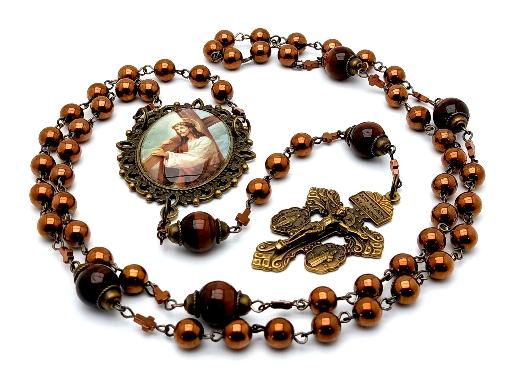 Stations of the Cross unique rosary beads with copper hemetite gemstone beads, bronze pardon crucifix and picture centre medal.