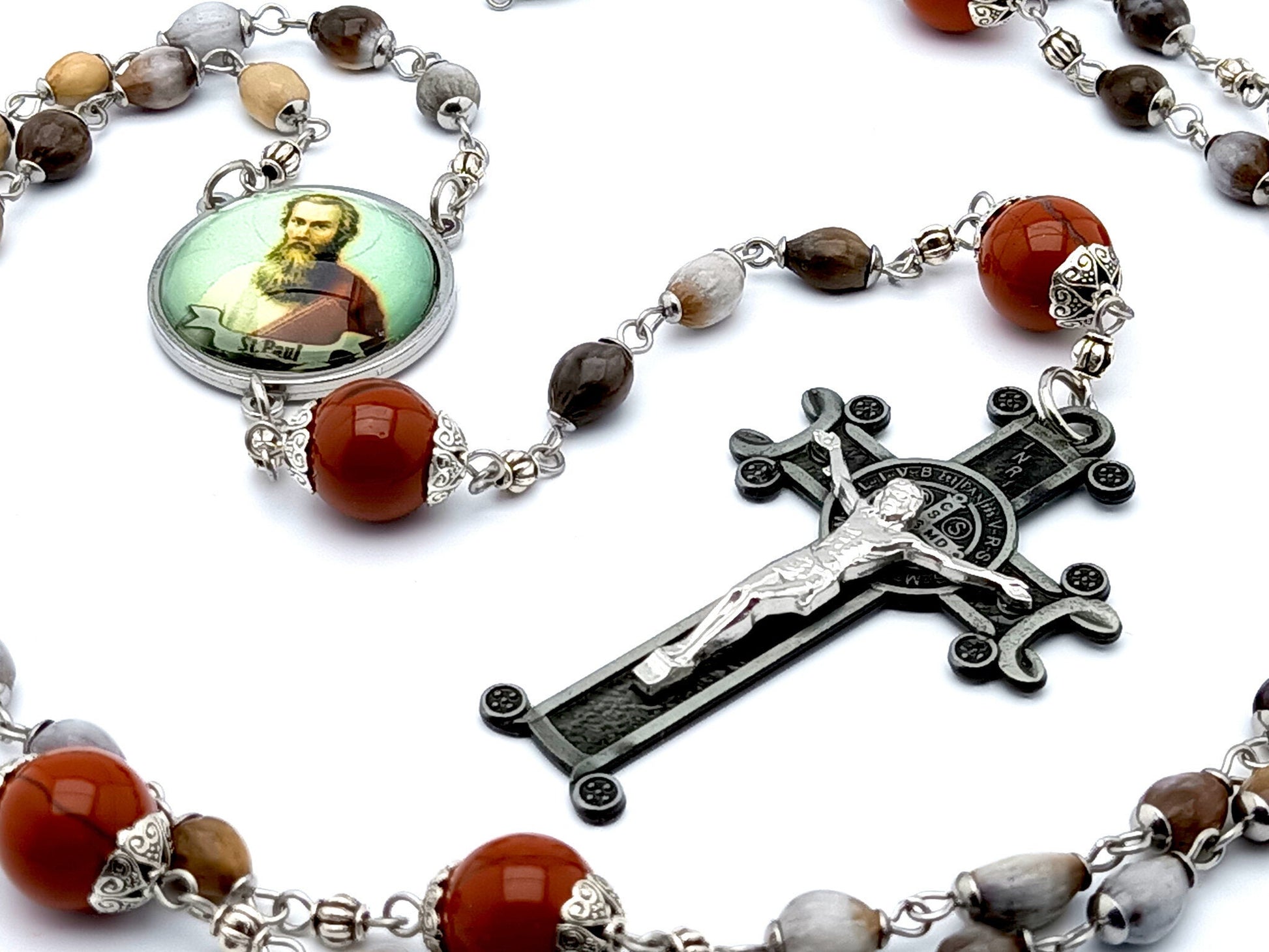 Saint Paul the Apostle unique rosary beads with jobs tears and red gemstone beads, black Saint Benedict crucifix and stainless steel picture centre medal. 