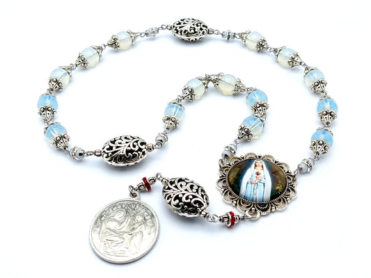 Saint Anne unique rosary beads prayer chaplet with opal gemstone and silver beads, silver end medal and picture centre medal.