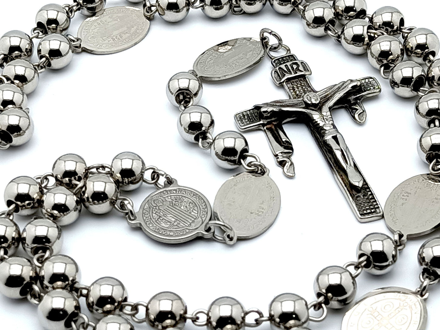 Saint Benedict unique rosary beads with stainless steel beads and etched medals, stainless steel crucifix and centre medal.