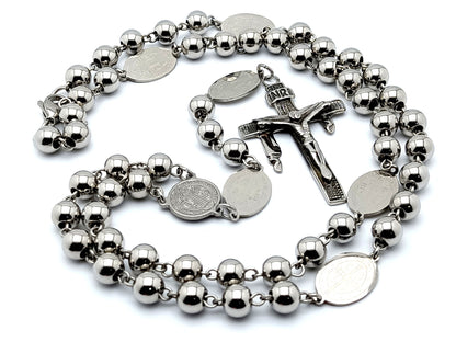 Saint Benedict unique rosary beads with stainless steel beads and etched medals, stainless steel crucifix and centre medal.