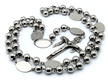 Saint Benedict unique rosary beads with stainless steel beads and etched medals, stainless steel crucifix and centre medal.