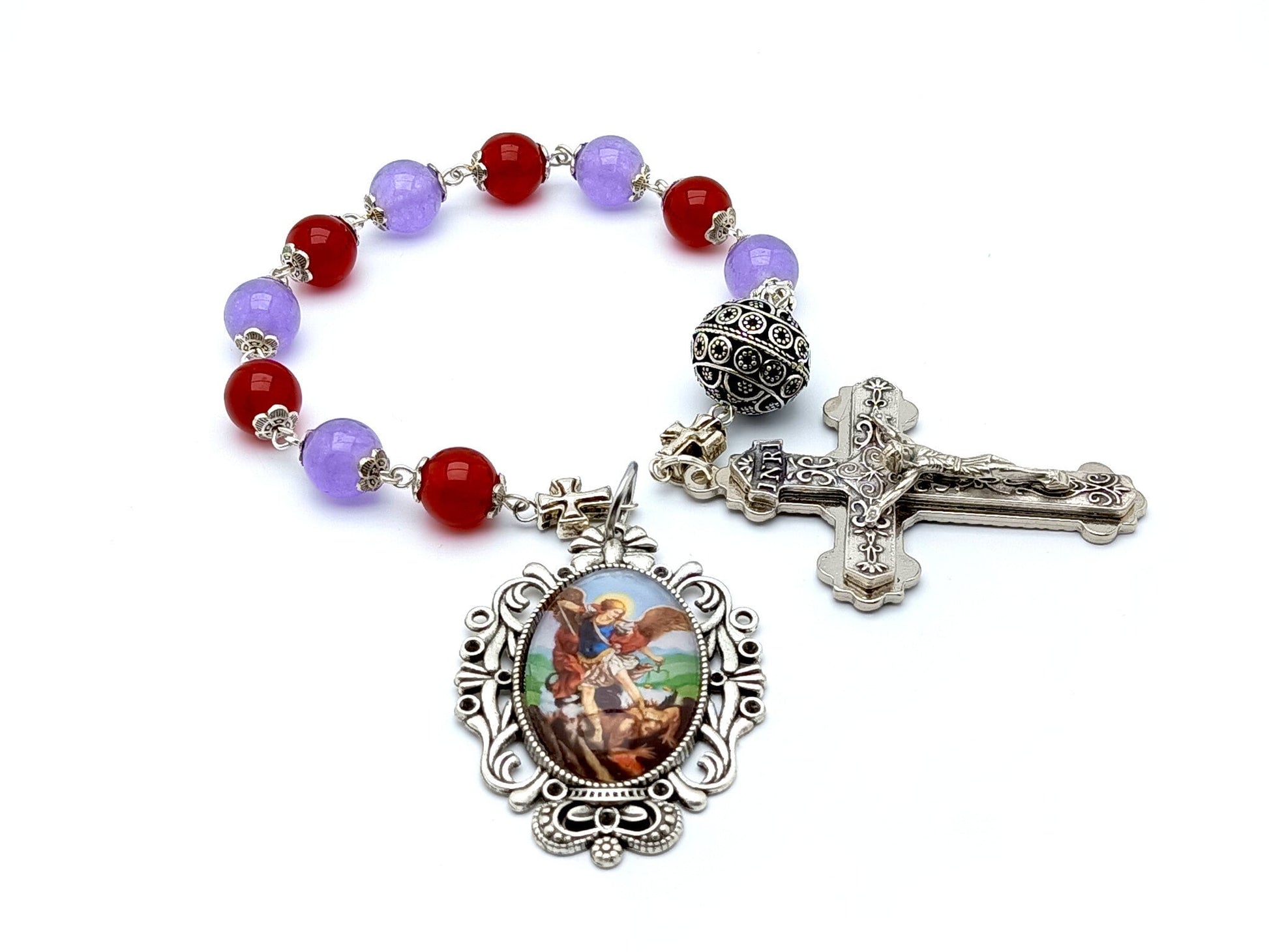 Saint Michael unique rosary beads single decade rosary with ruby and alexandrite gemstone beads, silver crucifix and picture end medal.
