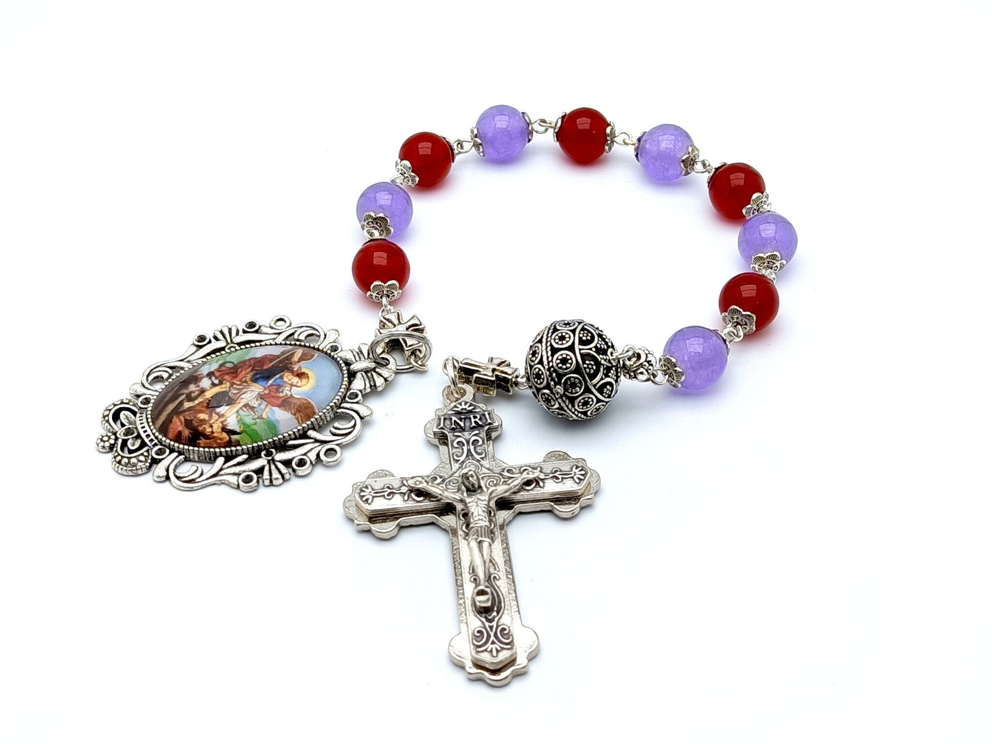 Saint Michael unique rosary beads single decade rosary with ruby and alexandrite gemstone beads, silver crucifix and picture end medal.