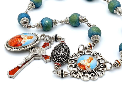 Infant of Prague unique rosary beads single decade rosary with blue green crystal beads, red enamel crucifix and picture centre medal.