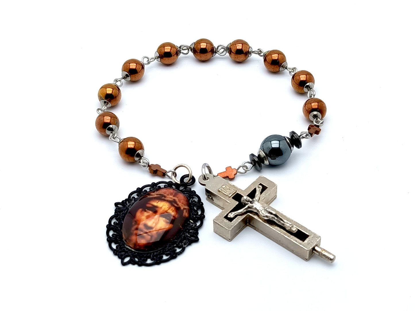 Holy Face of Jesus unique rosary beads single decade tenner rosary with copper hematite gemstone beads, relic holder crucifix and Holy face centre medal.