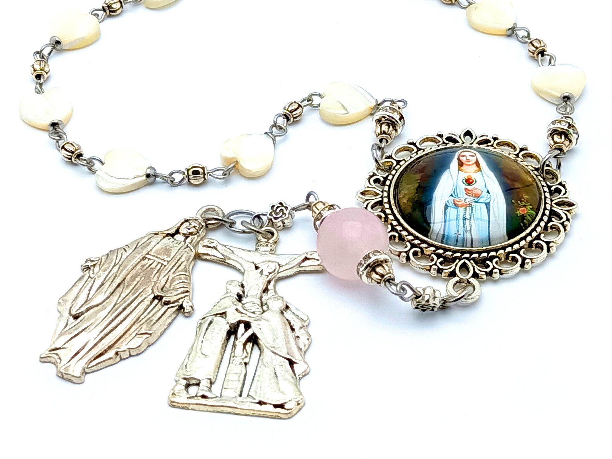 Immaculate Heart of Mary unique rosary beads single decade rosary beads with mother of pearl and pink glass beads, La Pieta crucifix and picture centre medal.