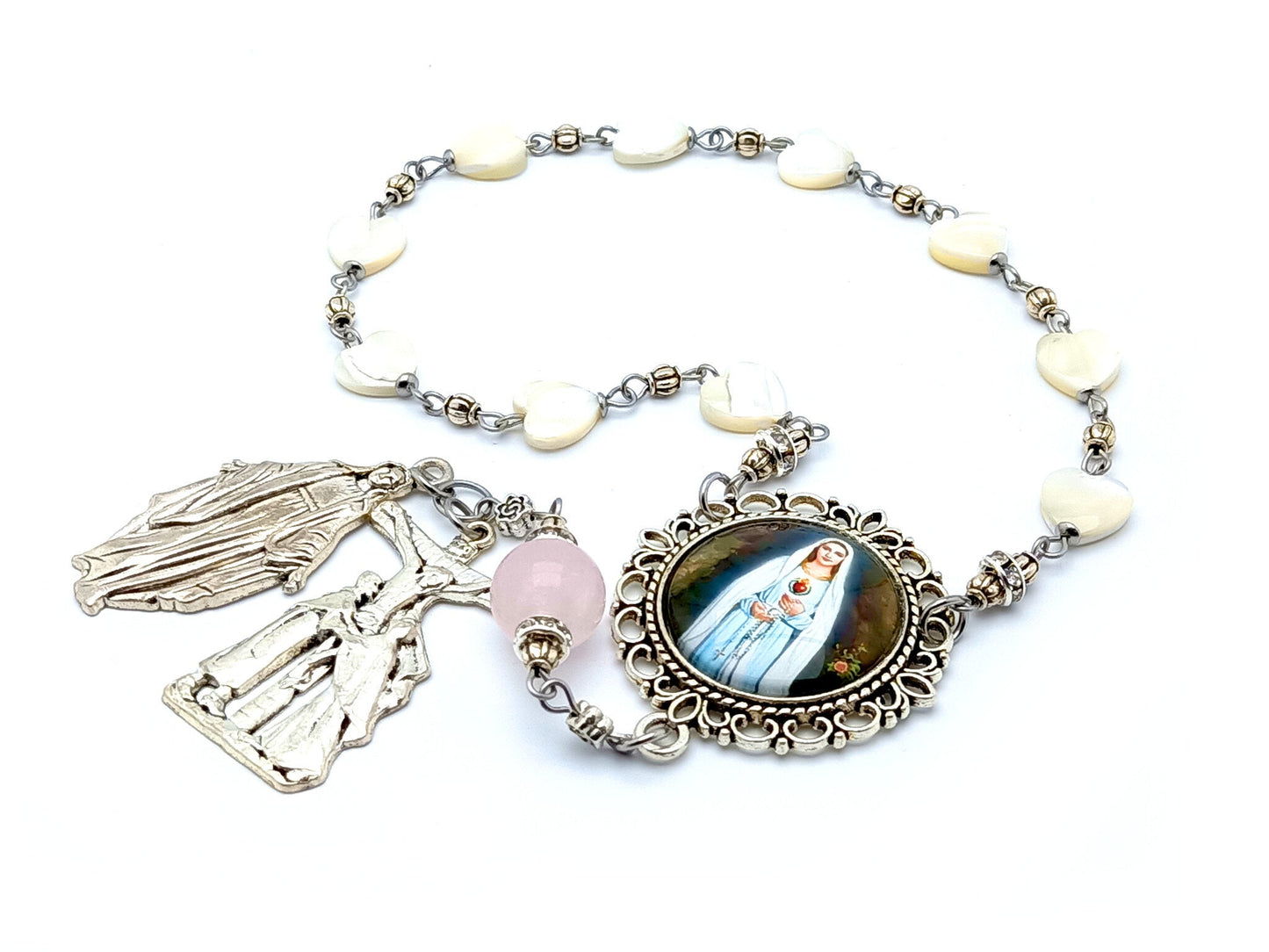 Immaculate Heart of Mary unique rosary beads single decade rosary beads with mother of pearl and pink glass beads, La Pieta crucifix and picture centre medal.