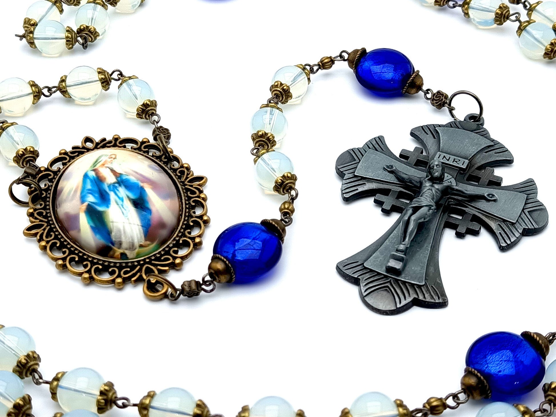 Immaculate Conception unique rosary beads with opal and blue gemstone beads, large pewter crucifix and bronze picture centre medal.