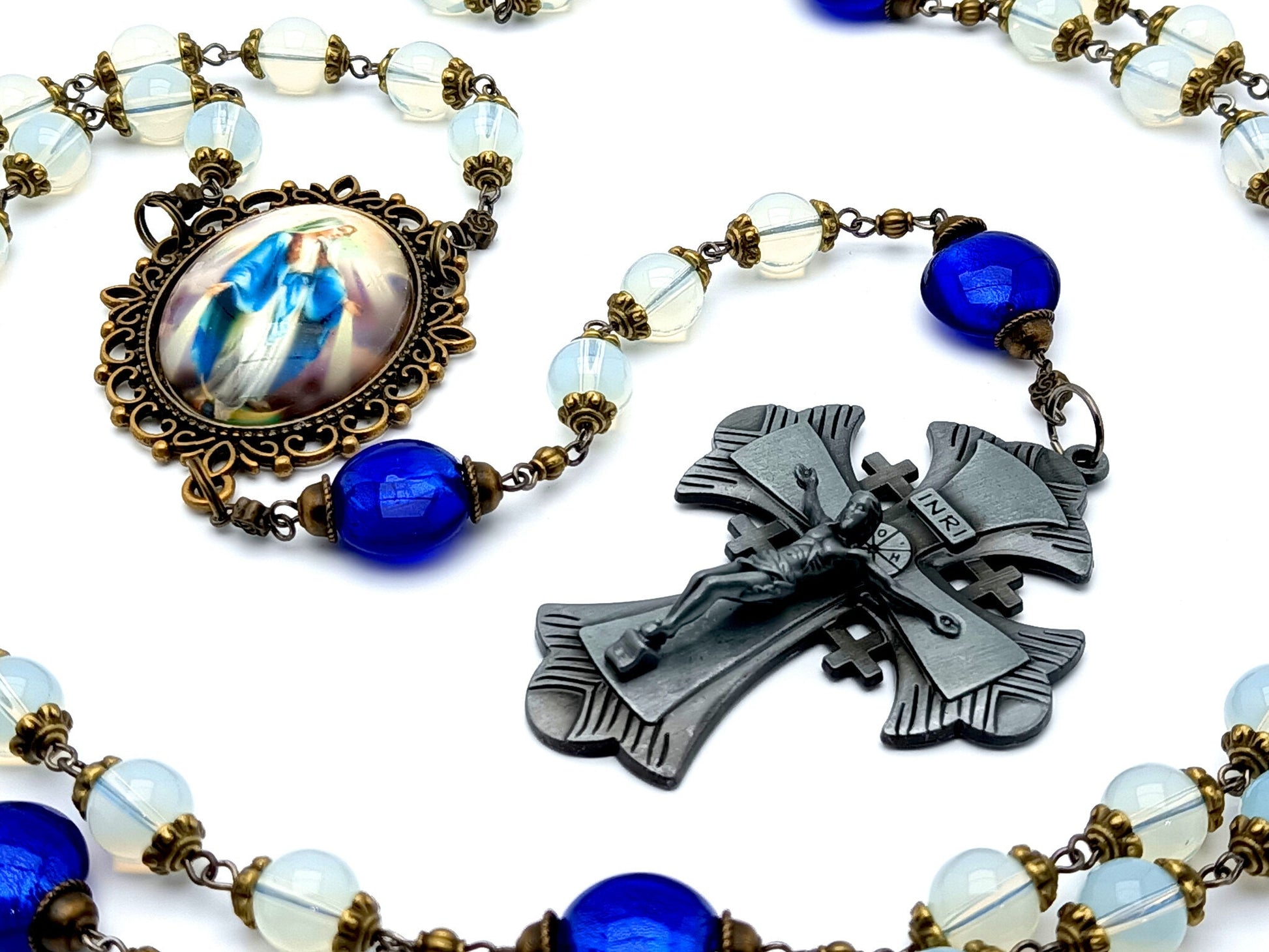 Immaculate Conception unique rosary beads with opal and blue gemstone beads, large pewter crucifix and bronze picture centre medal.
