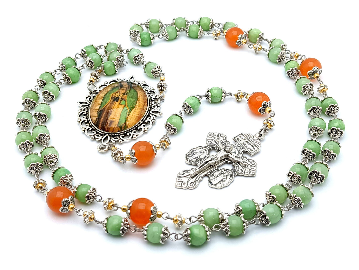 Our Lady of Guadalupe unique rosary beads with green and orange gemstone beads, silver pardon crucifix and picture centre medal.