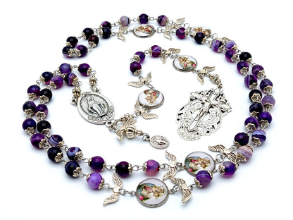 Our Lady of Mount Carmel unique rosary beads with purple agate gemstone and silver winged dove  beads, silver Holy Angels crucifix and centre medal.