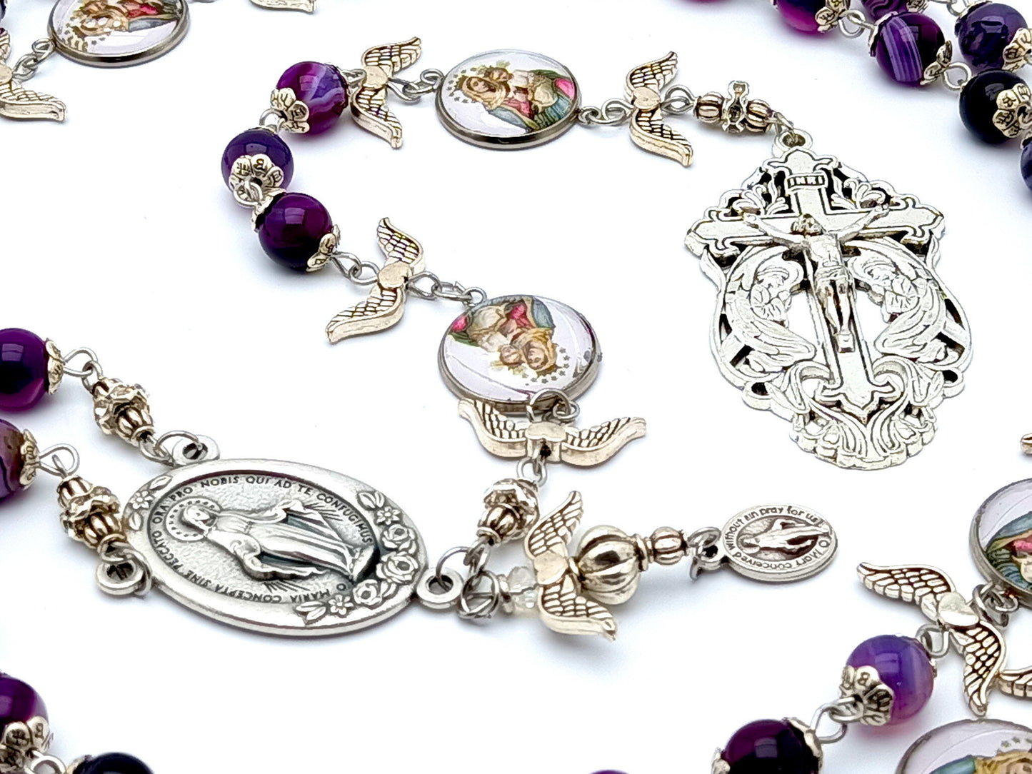 Our Lady of Mount Carmel unique rosary beads with purple agate gemstone and silver winged dove  beads, silver Holy Angels crucifix and centre medal.