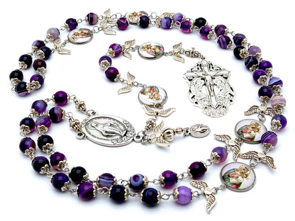 Our Lady of Mount Carmel unique rosary beads with purple agate gemstone and silver winged dove  beads, silver Holy Angels crucifix and centre medal.