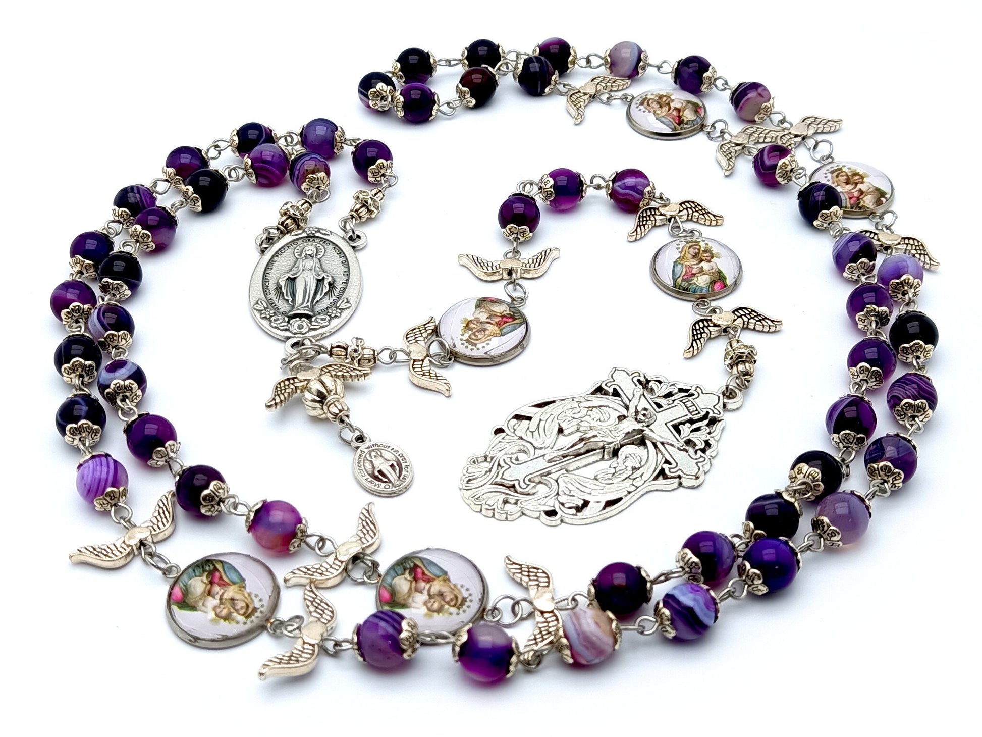 Our Lady of Mount Carmel unique rosary beads with purple agate gemstone and silver winged dove  beads, silver Holy Angels crucifix and centre medal.