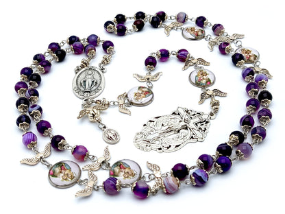 Our Lady of Mount Carmel unique rosary beads with purple agate gemstone and silver winged dove  beads, silver Holy Angels crucifix and centre medal.