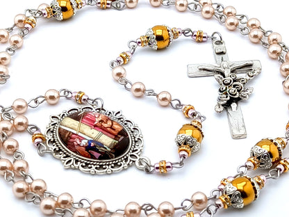 Saint Ann and Joachim unique rosary beads rosary with pink pearl and gold hematite gemstone beads, Saint Therese crucifix and picture centre medal.