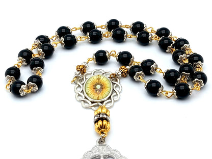 Blessed Sacrament unique rosary beads prayer chaplet with onyx gemstone beads, silver picture centre and end medals.