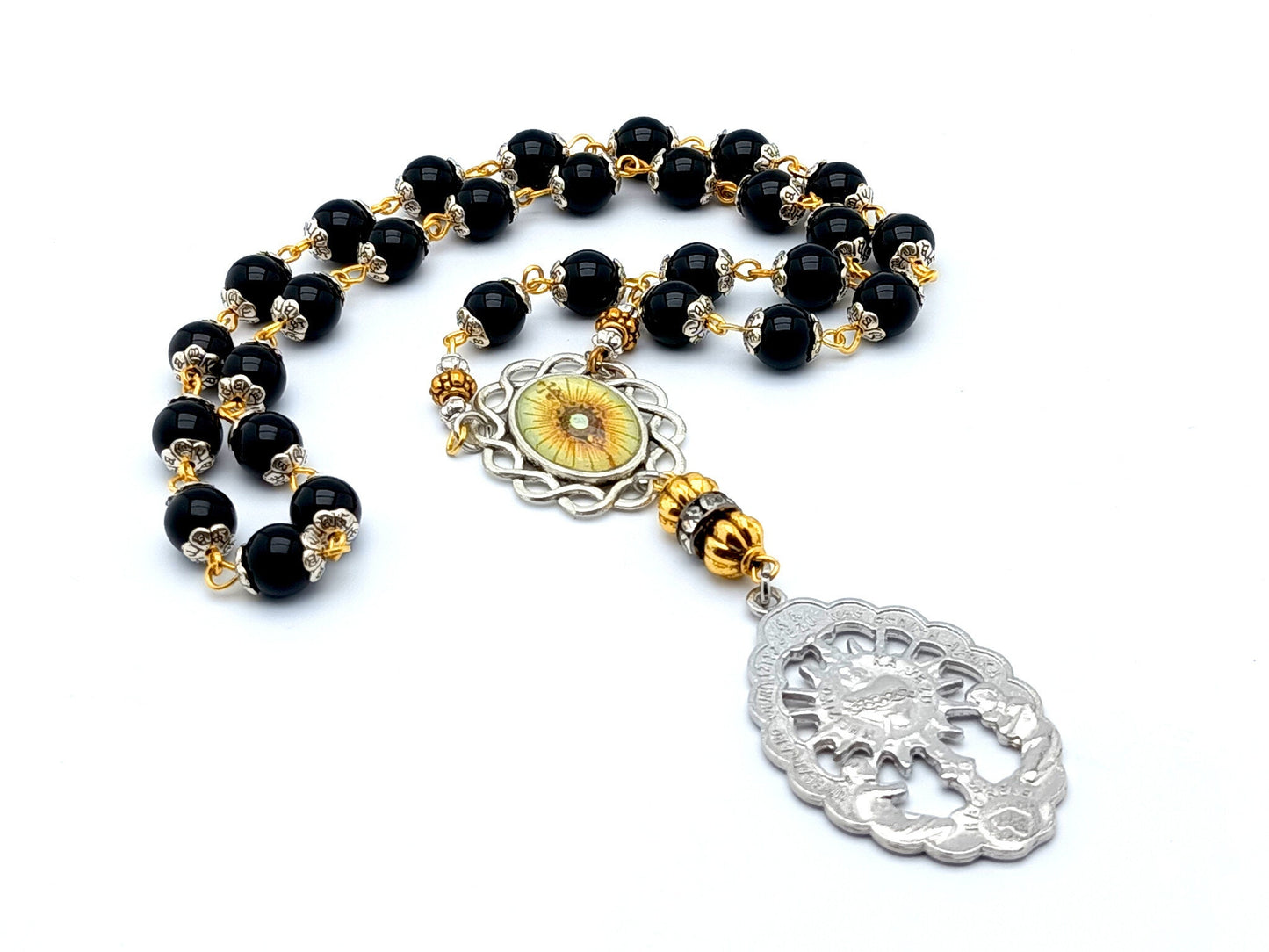 Blessed Sacrament unique rosary beads prayer chaplet with onyx gemstone beads, silver picture centre and end medals.