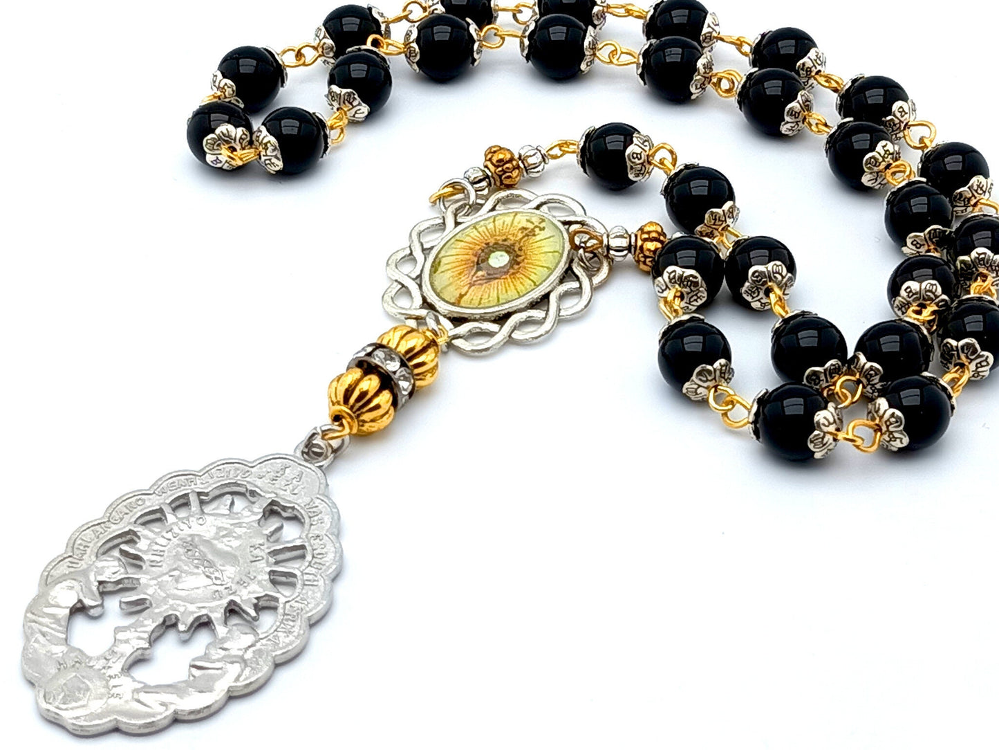 Blessed Sacrament unique rosary beads prayer chaplet with onyx gemstone beads, silver picture centre and end medals.