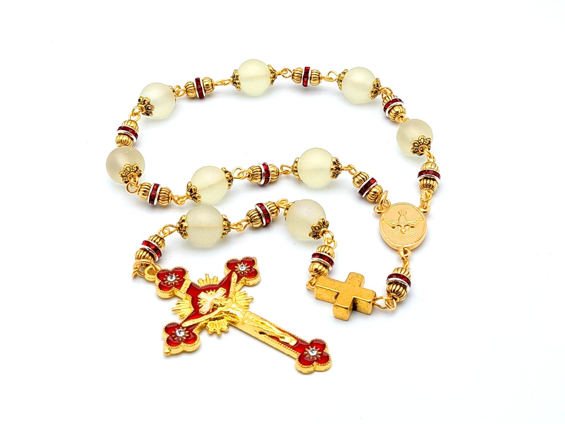 Holy Spirit unique rosary beads prayer chaplet with gold and red glass beads, gold and red emanel crucifix and gold centre medal.