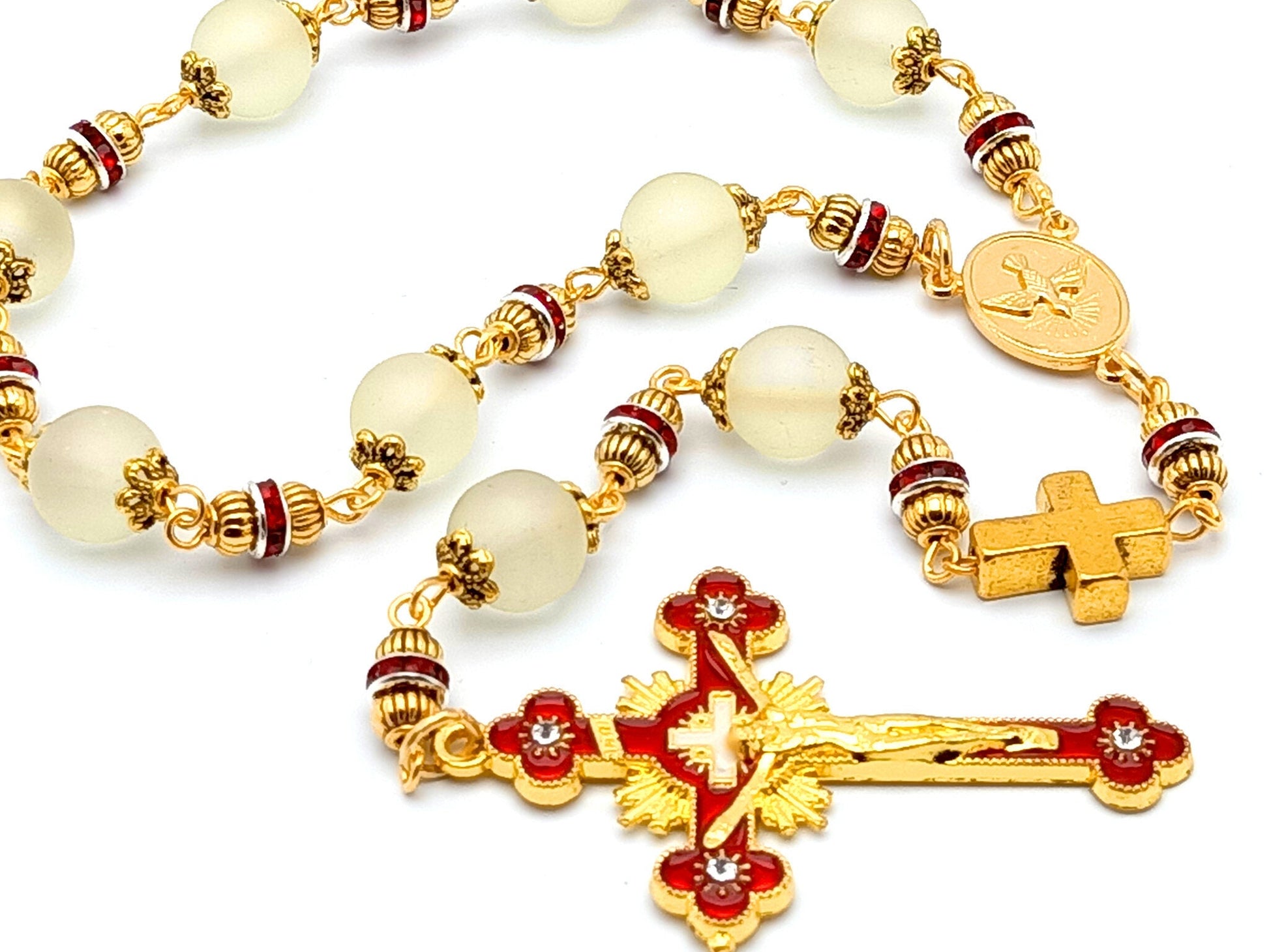 Holy Spirit unique rosary beads prayer chaplet with gold and red glass beads, gold and red emanel crucifix and gold centre medal.