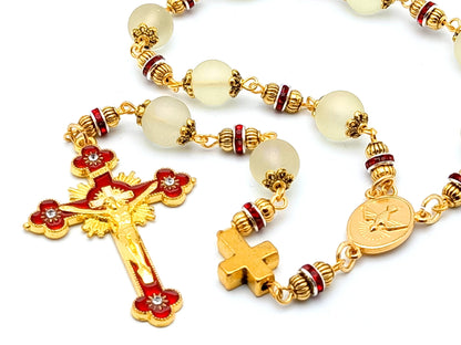 Holy Spirit unique rosary beads prayer chaplet with gold and red glass beads, gold and red emanel crucifix and gold centre medal.