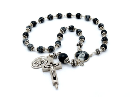 Saint Therese of Lisieux unique rosary beads prayer chaplet  with obsidian gemstone beads, relic holder crucifix and picture centre medal.