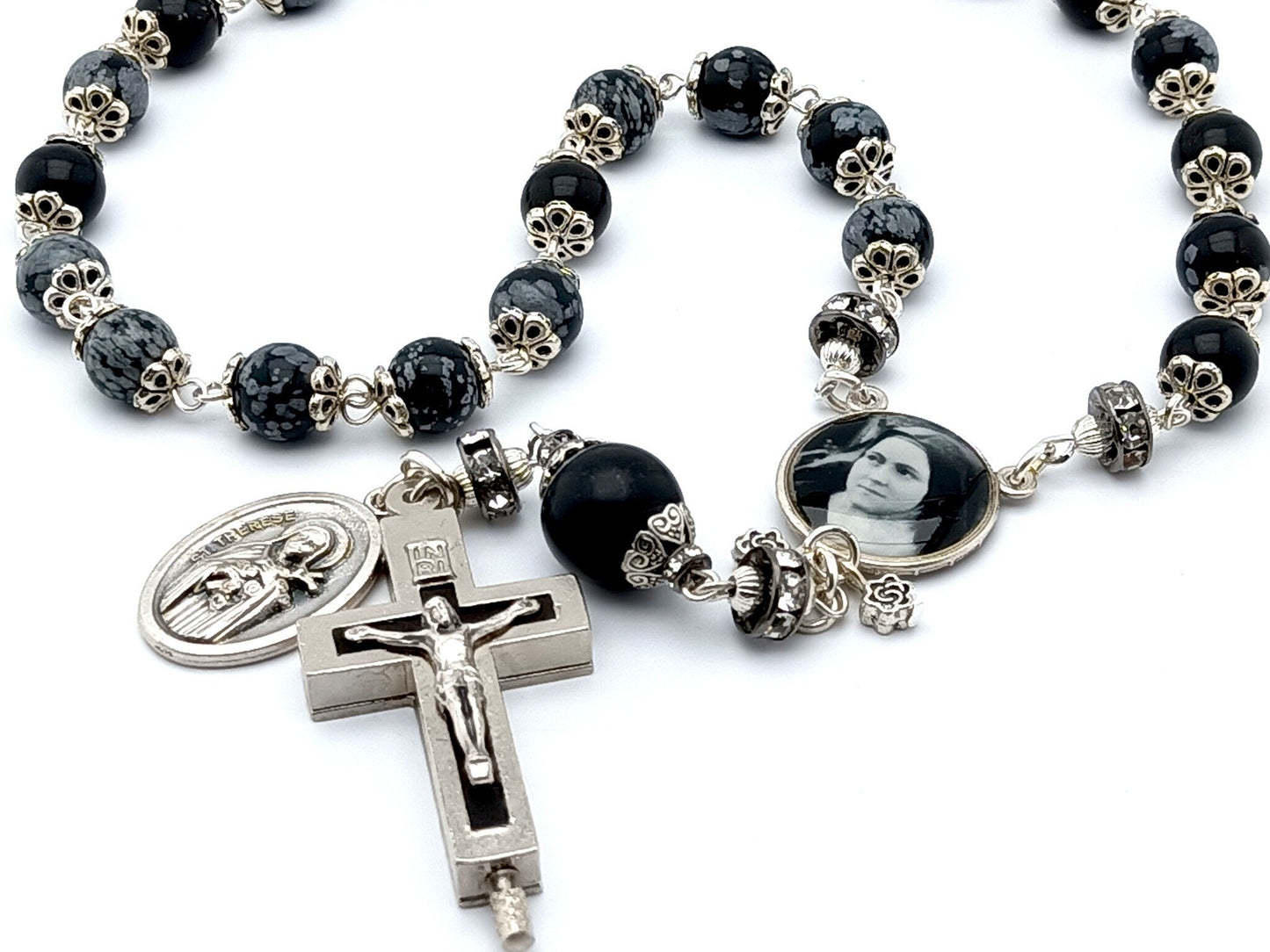 Saint Therese of Lisieux unique rosary beads prayer chaplet  with obsidian gemstone beads, relic holder crucifix and picture centre medal.