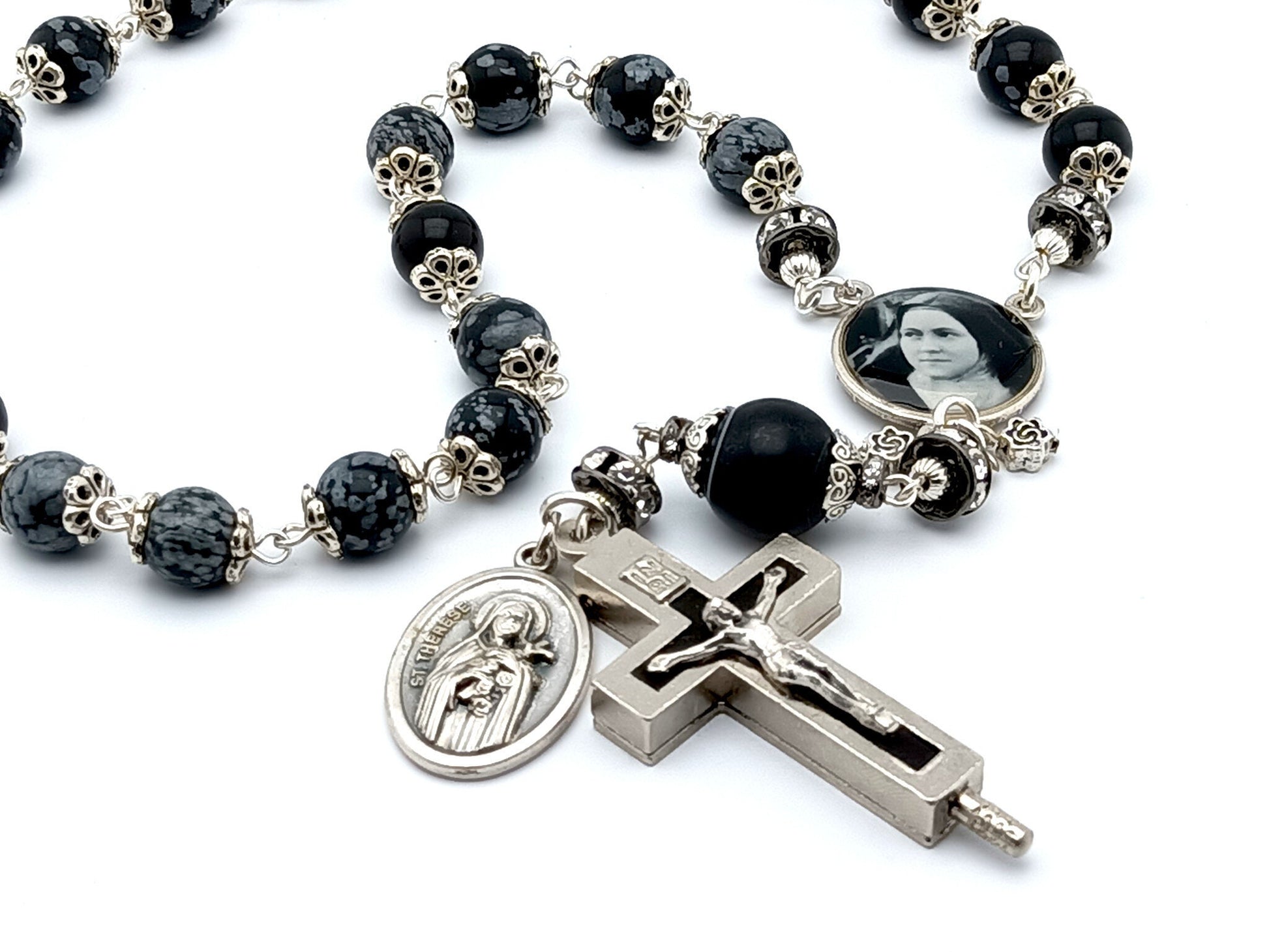 Saint Therese of Lisieux unique rosary beads prayer chaplet  with obsidian gemstone beads, relic holder crucifix and picture centre medal.