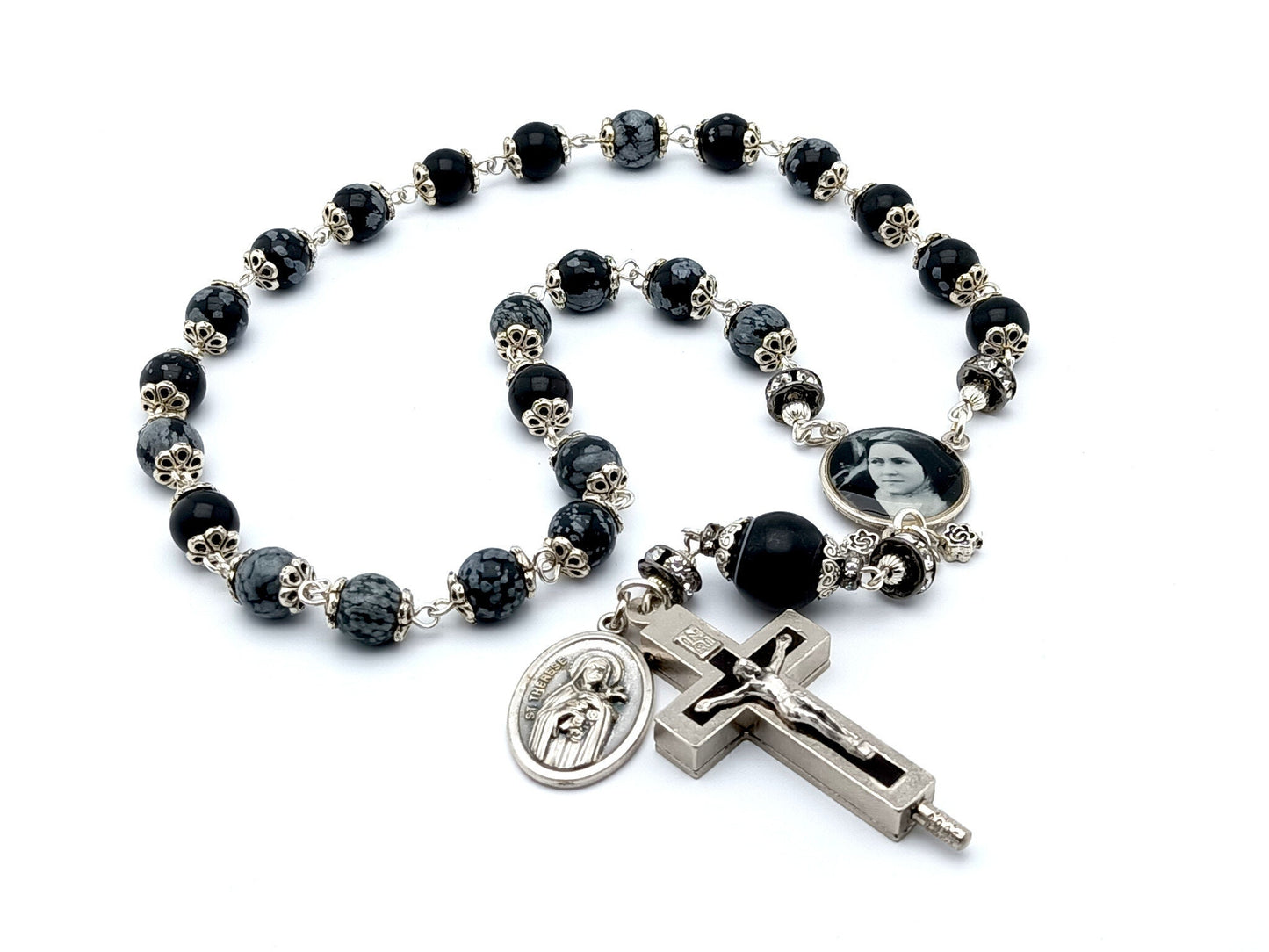 Saint Therese of Lisieux unique rosary beads prayer chaplet  with obsidian gemstone beads, relic holder crucifix and picture centre medal.