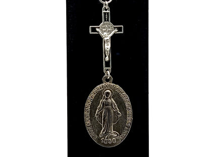 Miraculous medal unique rosary beads key fob with linking Saint Benedict crucifix and stainless steel clasp.