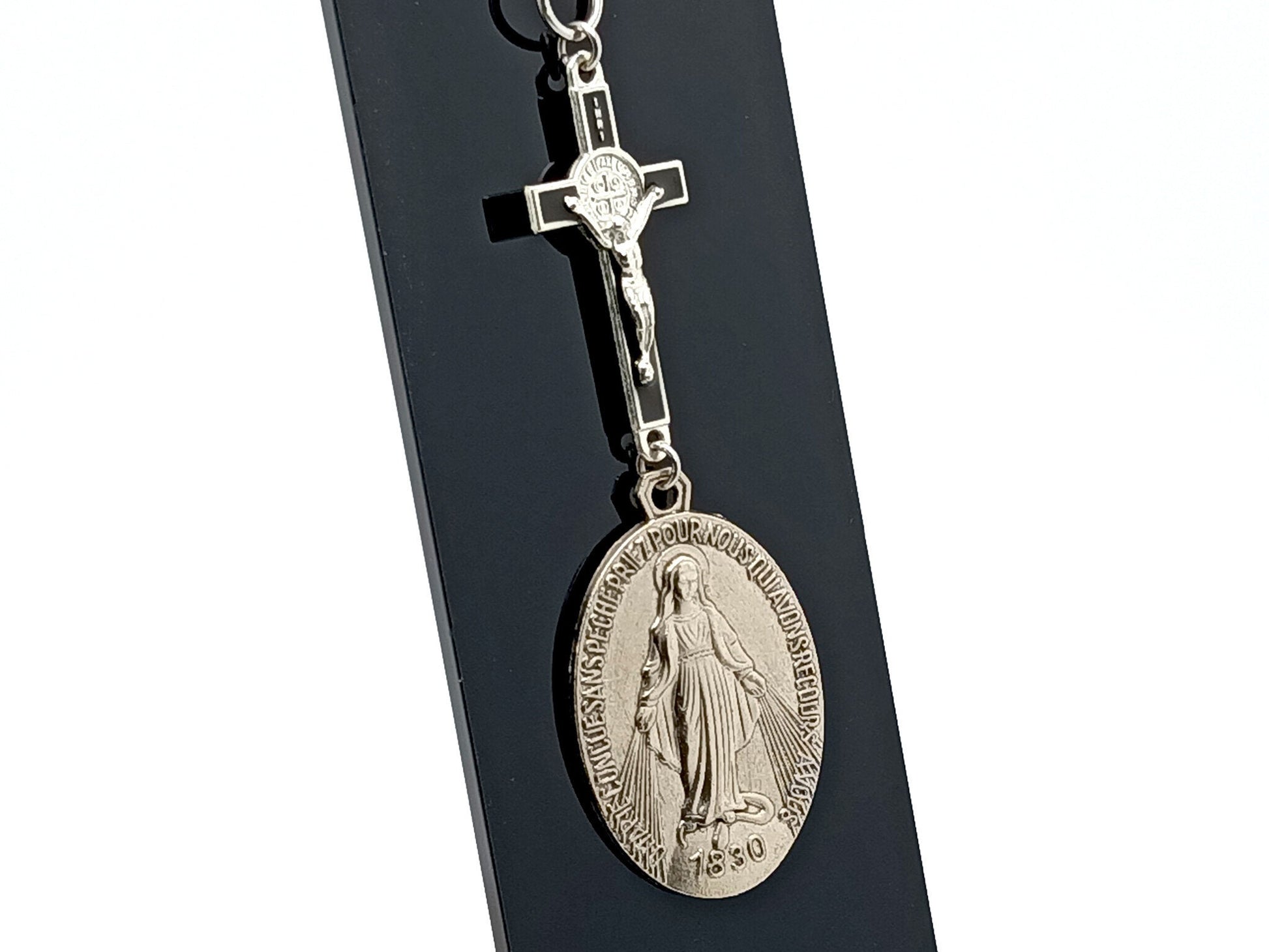 Miraculous medal unique rosary beads key fob with linking Saint Benedict crucifix and stainless steel clasp.