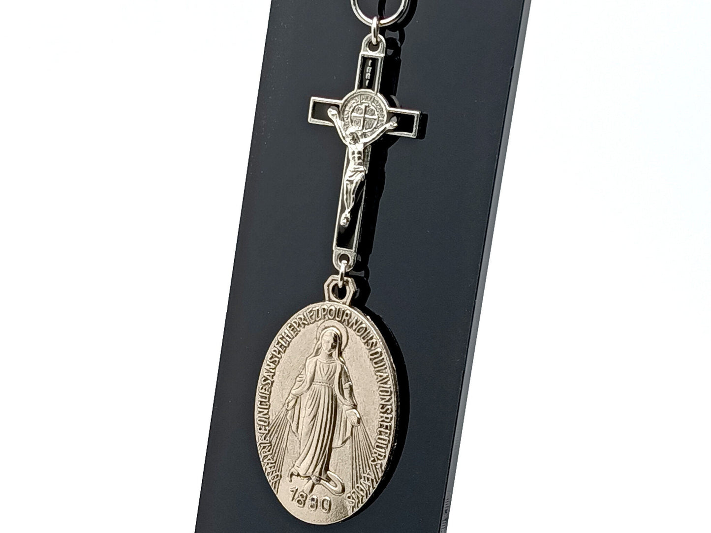 Miraculous medal unique rosary beads key fob with linking Saint Benedict crucifix and stainless steel clasp.