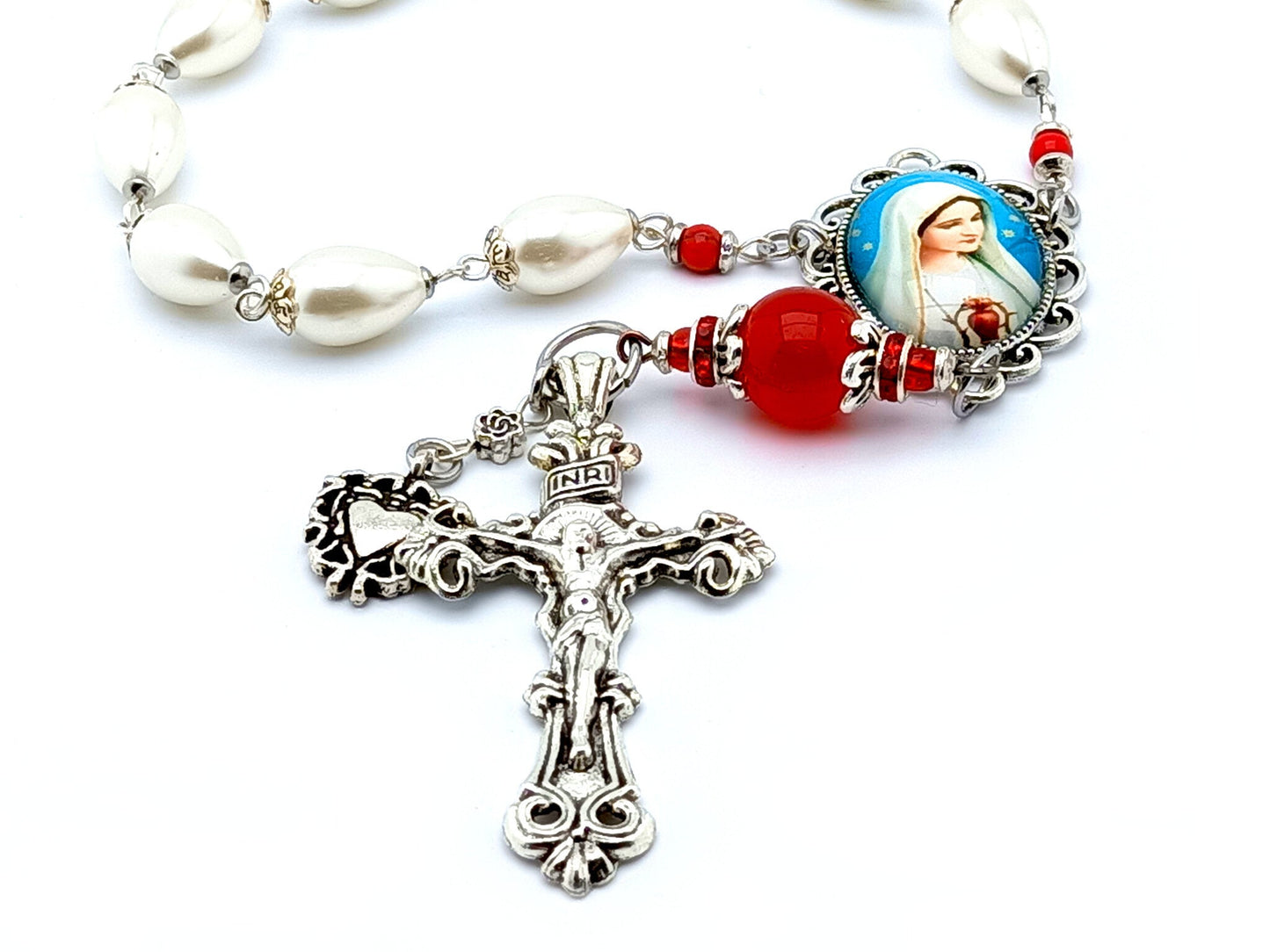 Immaculate Heart of Mary unique rosary beads single decade rosary with pearl and ruby gemstone beads, silver crucifix and picture centre medal.