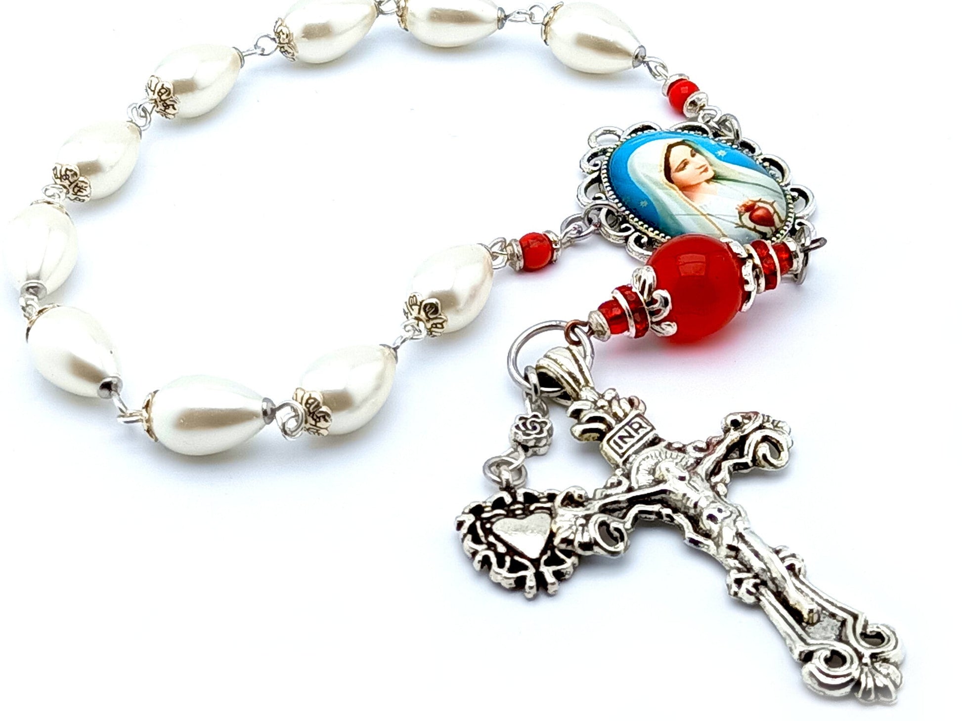 Immaculate Heart of Mary unique rosary beads single decade rosary with pearl and ruby gemstone beads, silver crucifix and picture centre medal.