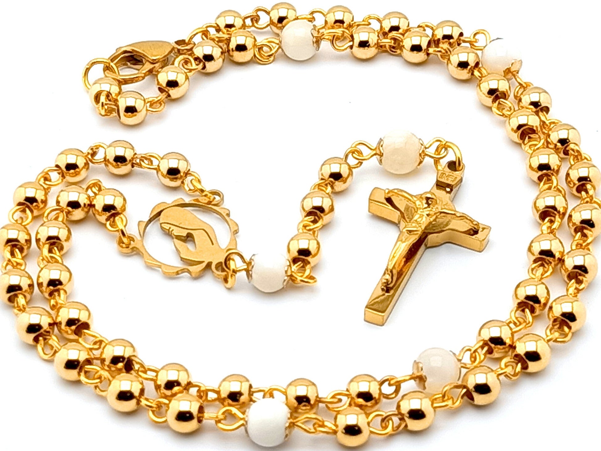 Virgin Mary unique rosary beads with gold plated stainless steel and pearl beads, gold plated Saint Benedict crucifix and centre medal.