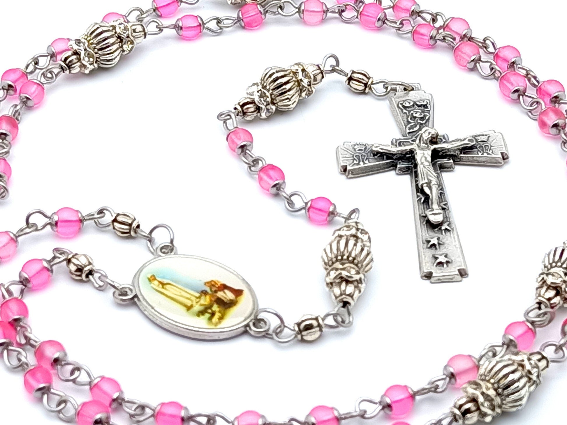 Our Lady of Fatima unique rosary beads miniature rosary with small pink glass and silver beads, silver crucifix and picture centre medal.