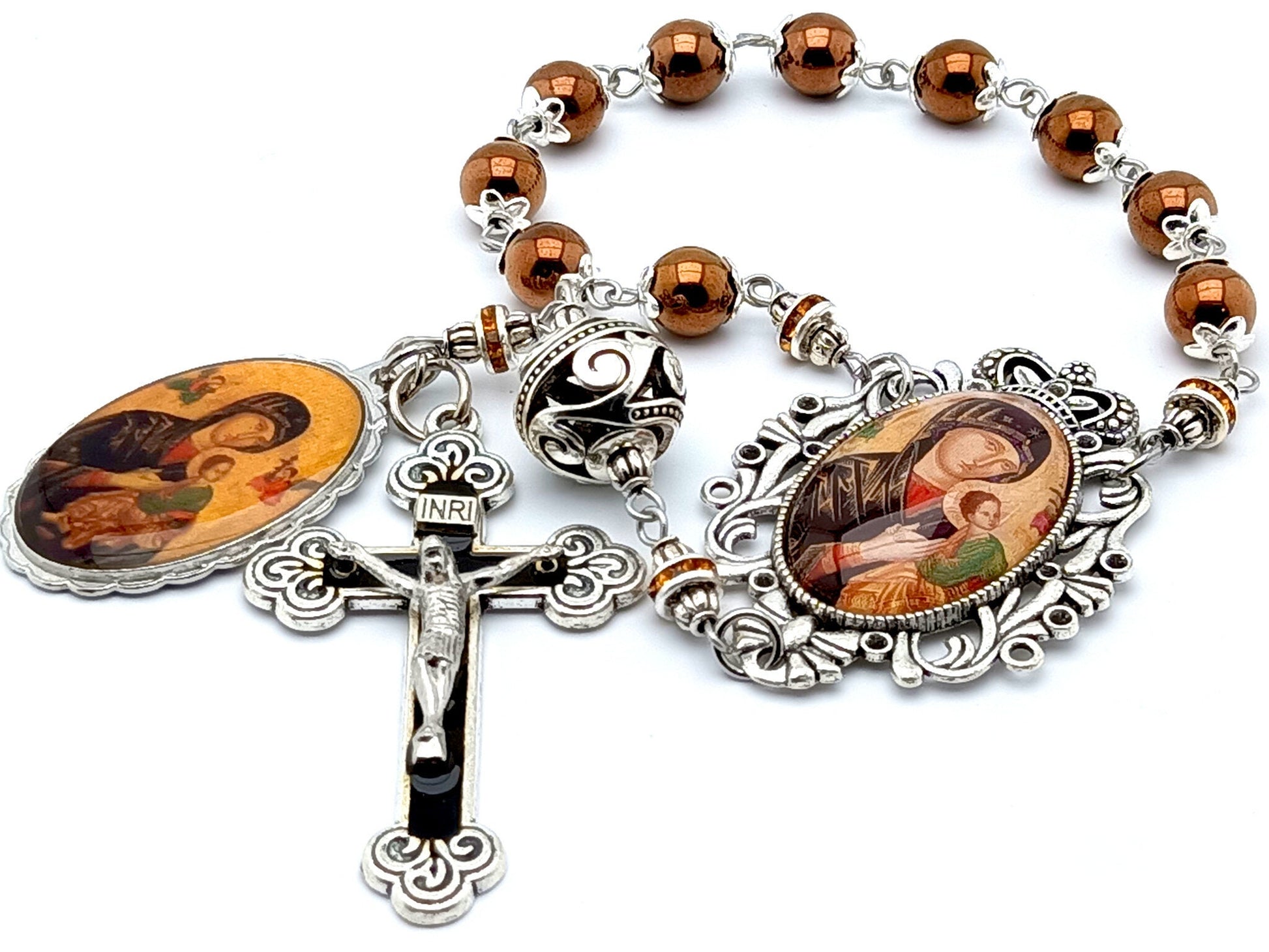 Our Lady of Perpetual Help unique rosary beads single decade rosary with copper hematite gemstone and silver beads, black enamel crucifix and picture centre and end medals.