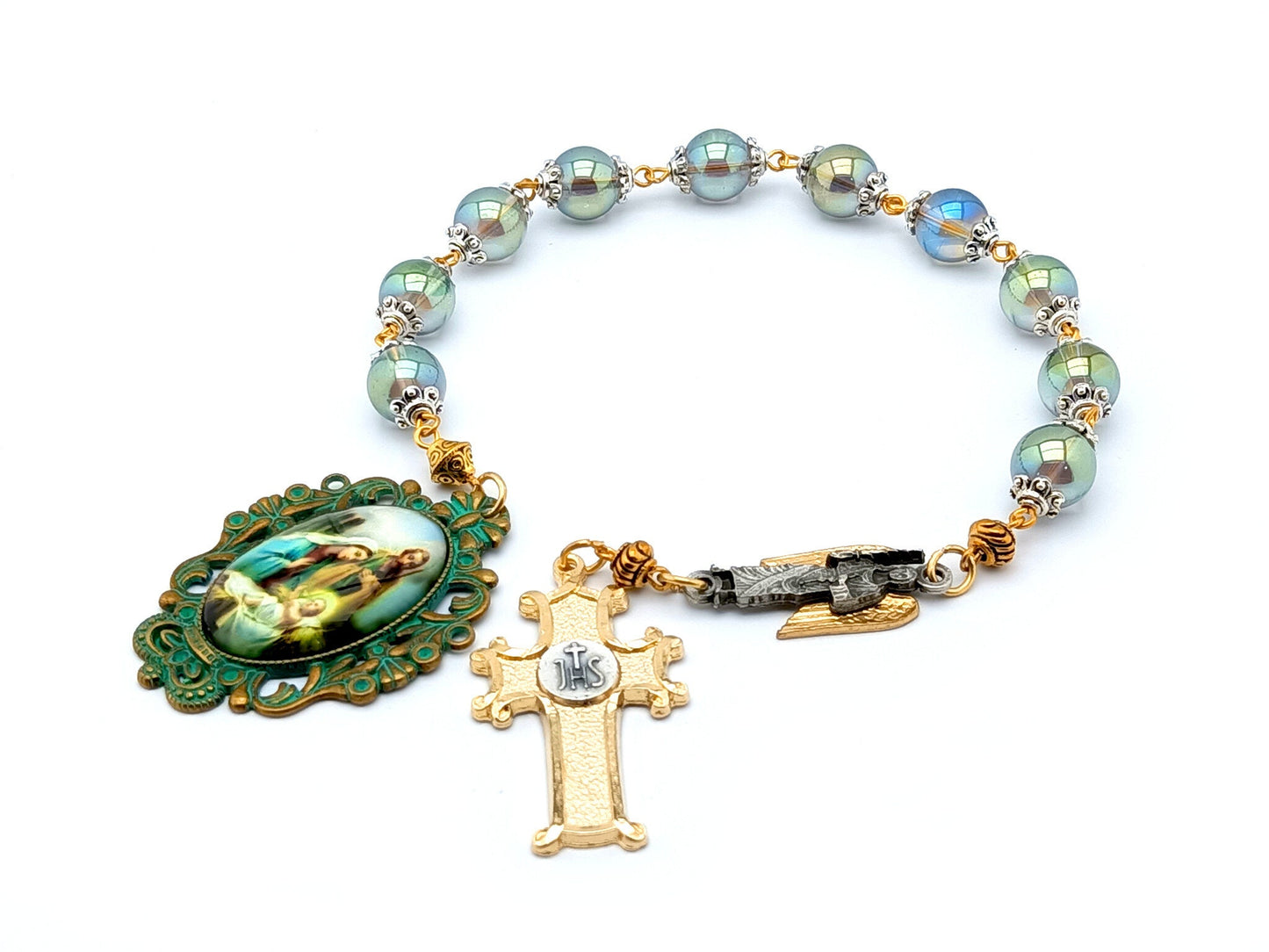 Holy Family unique rosary beads single decade rosary with green glass beads, gold plated cross and verdigris picture centre medal.